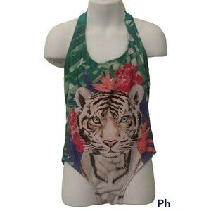 Gymboree Girls One Piece Halter Swimsuit Size S 5-6 Floral Kitten Face